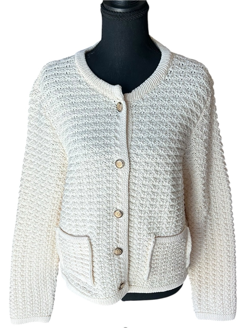 Anthropologie Cream Chunky Knit Cardigan Sweater Cozy Cottagecore Large